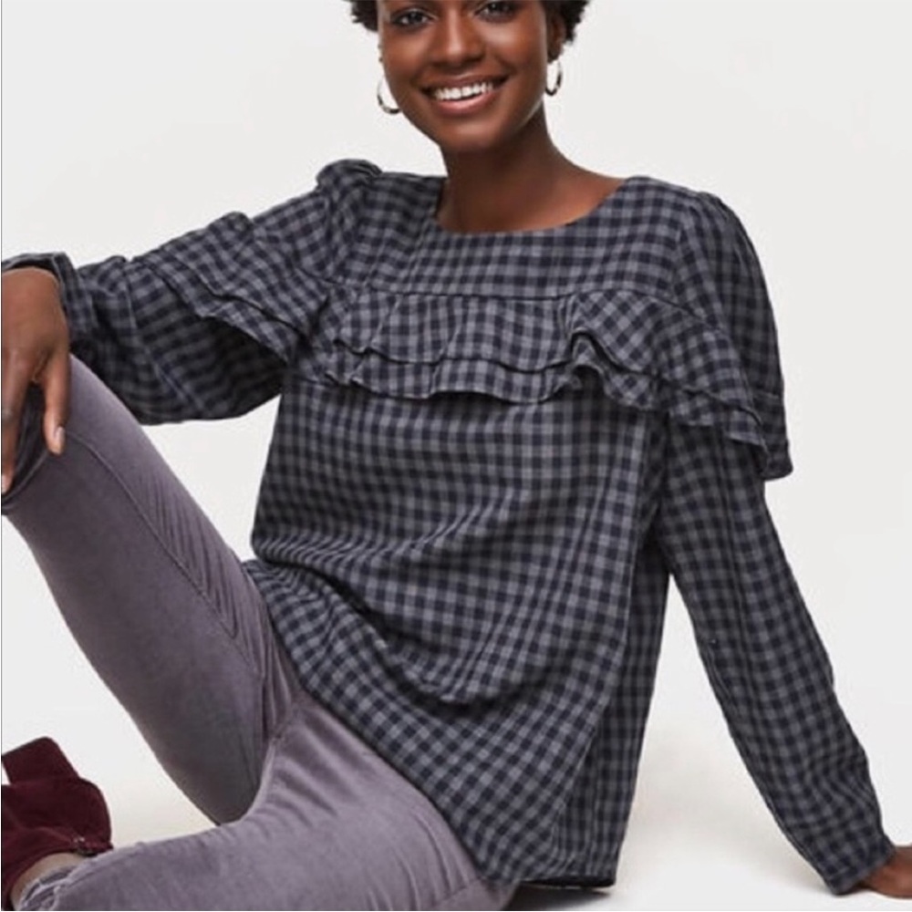 LOFT Black and White Relaxed Ruffled Blouse